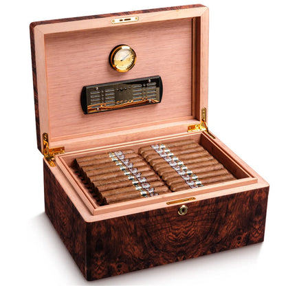 Desktop Cigar Humidor Box, 50-Cigar Capacity with Humidity Control & Pest Resistance - Spanish Cedar Wood Piano Paint